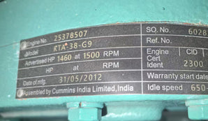 Used KTA38-G9 Cummins 1250KVA Diesel Generator Set – 400V (50HZ)